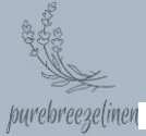 Logo of pure breeze linen featuring a sketch of lavender sprigs above stylized text, set against a light blue background.